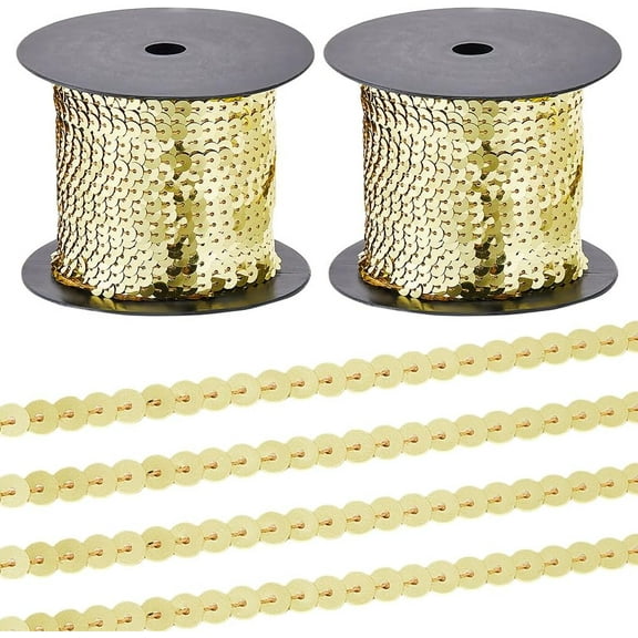 2 Rolls 200 Yards Gold Sequin Trim Sequins Beaded Strip Trimmig Ribbon Flat Spangle Metallic Glitter Paillette String Bulk Roll for Clothes Dresses Costume Craft Diy Home Decor Yellow DIY