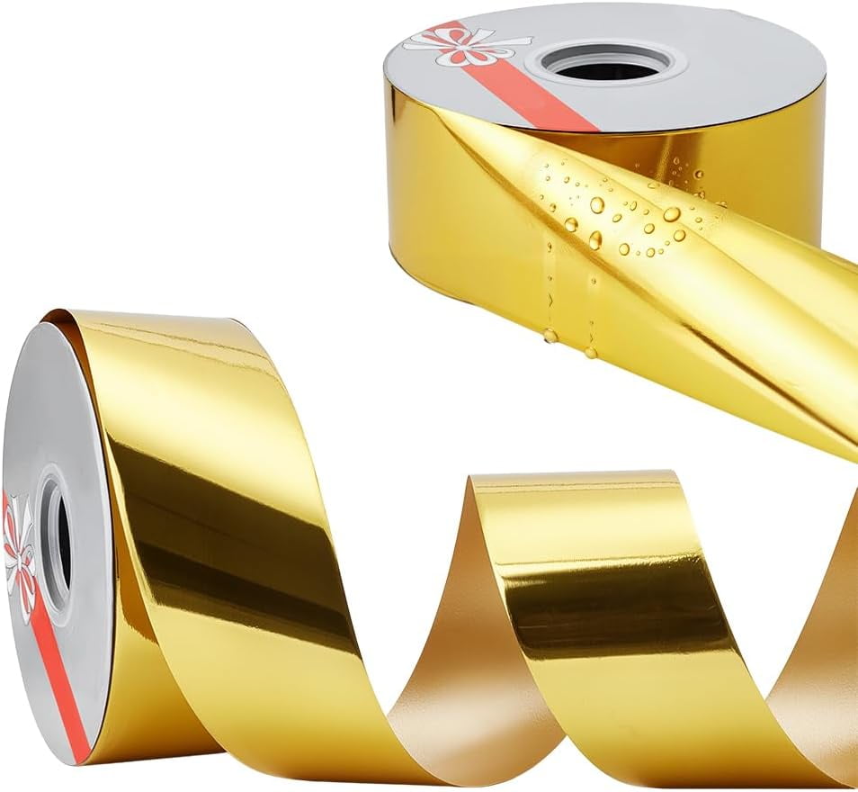 2 Rolls 200 Yards Shiny Waterproof Ribbon 2 Inch Gold Curling Ribbon for Gifts Package Wrapping Bows Crafting Wedding Festival