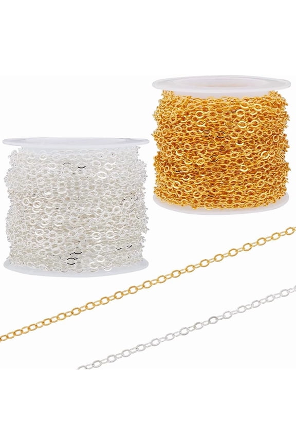 2 Rolls 20M/65.6 Feet Cable Chain Craft Cable Chains Bulk Gold Brass 3.2 x 2.5mm Silver Soldered Oval Curb Craft Roll Connector Link Chain for DIY Jewelry Making Necklaces Bracelets DIY Crafts