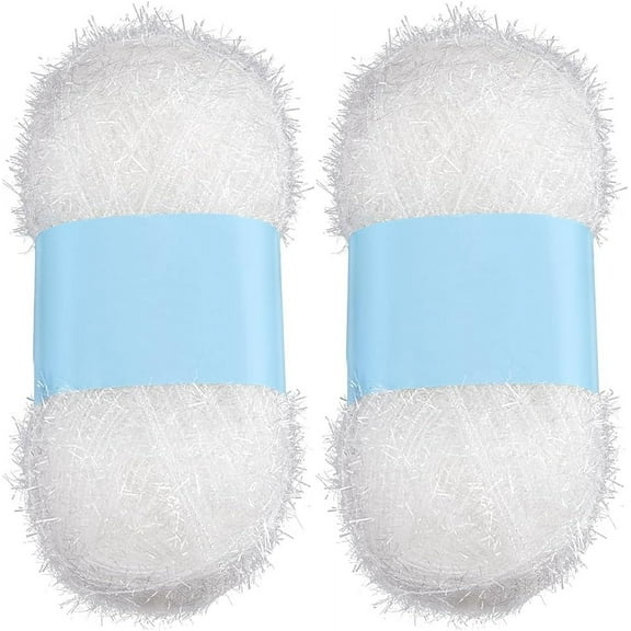 2 Rolls 218 Yards Sparkle Scrubby Yarn Bundle White Metallic Scrubby Polyester Eyelash Yarn for Dishcloths Knitting Weaving Crochet Hat Cleaning Tool Craft Project White DIY