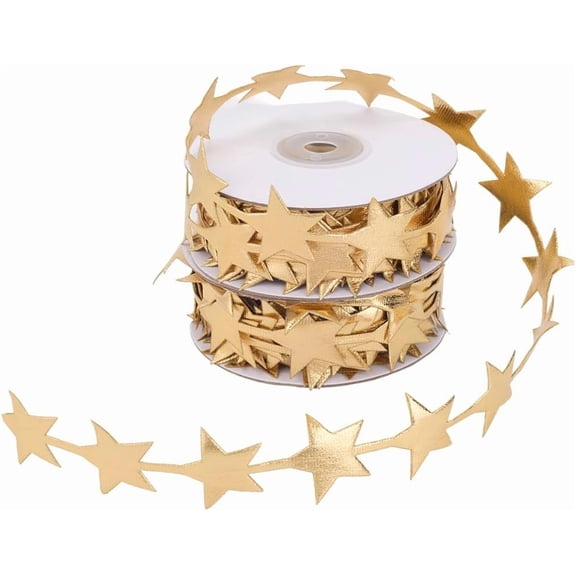 2 Rolls 22 Yards Gold Star Ribbon Trim Stars Shape Glitter Sparkly Polyester Fabric Decorative Chrismas Trimming Bulk with Spool Making Crafts Gift Wrapping Wreaths Home Decor DIY Light Khaki