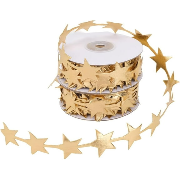 2 Rolls 22 Yards Gold Star Ribbon Trim Stars Shape Glitter Sparkly Polyester Fabric Decorative Chrismas Trimming Bulk with Spool for Sewing Making Crafts Gift Wrapping Wreaths Home Decor DIY