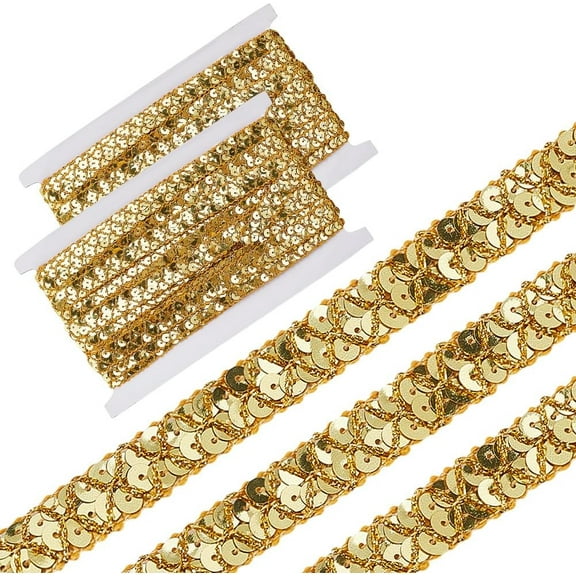 2 Rolls 28.5 Yards Gold Sequin Ribbon Trim Flat Bling Metallic Paillette Braid Trimming Glitter Sequins Spangle Beaded Strip Bulk for Sewing Making Crafts Clothes Dresses Wedding Home Decor