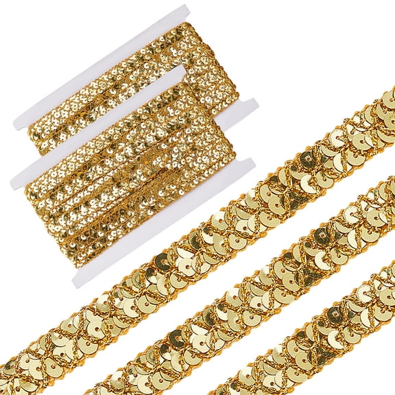 2 Rolls 28.5 Yards Gold Sequin Ribbon Trim Flat Bling Metallic Paillette Braid Trimming Glitter Sequins Spangle Beaded Strip Bulk for Sewing Making