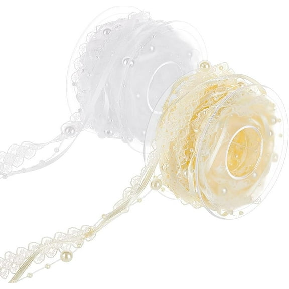 2 Rolls 3 Strings Artificial Bead Pearl Ribbon 11 Yards Lemon White Pearl String Beaded Lace Ribbon Polyester Satin Ribbon and Organza Wired Ribbon for Wedding Party DIY Craft Decorate Mixed Color