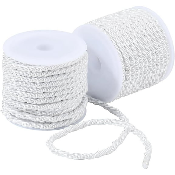2 Rolls 3MM White Twine Cord Polyester Decorative Rope Roll Strand Silk Shiny Trim Thread String Satin Soft Braid Cords for Sewing Making Home Decoration DIY Artical Craft Supplies