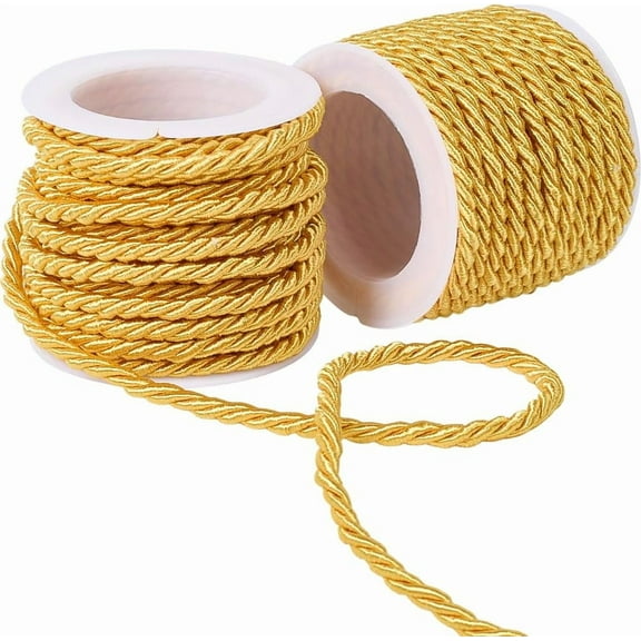 2 Rolls 3mm Gold Twine Cord Rope Polyester Trim Xmas Thread String Twist Shiny Yellow Satin Twine Nylon Decorative Twined Cord for Sewing Making Crafts Supplies Home Decorations for DIY