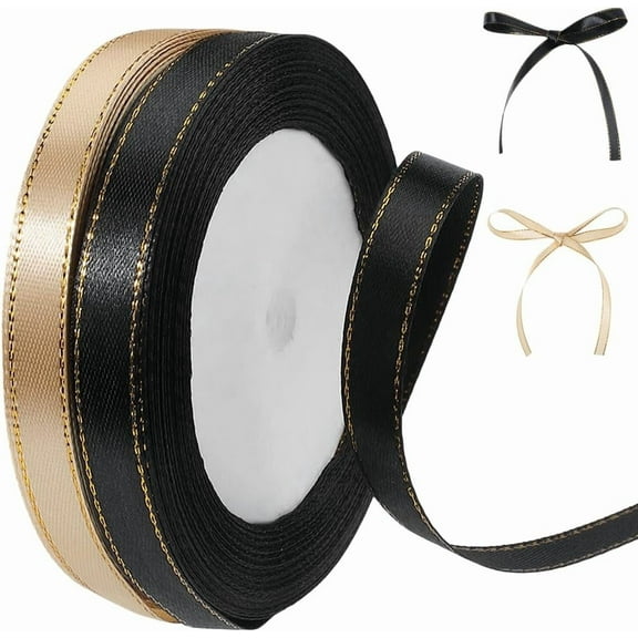 2 Rolls 48 Yards 3/8 Inch Champagne Black Satin Ribbon with Gold Edge Thin Polyester Border Trim Ribbons Bulk for Sewing Making Crafts Gift Wrapping Bouquets Wedding Supply Colorful DIY