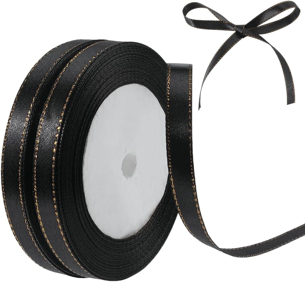 2 Rolls 48 Yards 3/8 Inch Polyester Black Ribbon with Gold Edge Border ...