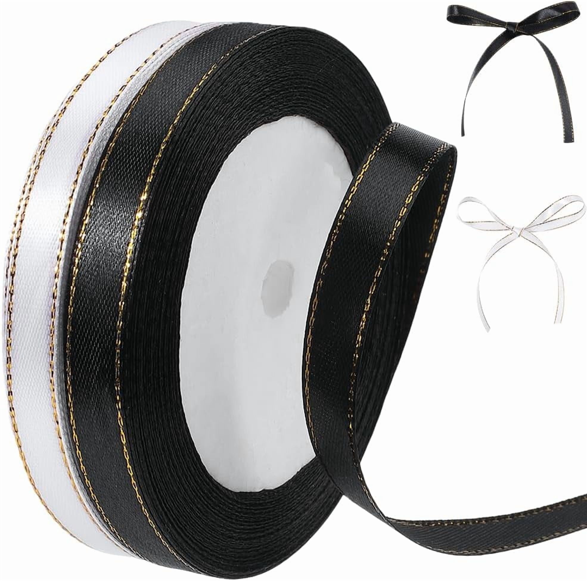 2 Rolls 48 Yards 3/8 Inch White Black Satin Ribbon with Gold Trim Thin ...