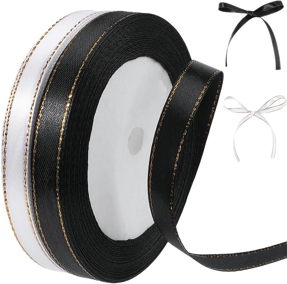 2 Rolls 48 Yards 3/8 Inch White Black Satin Ribbon with Gold Trim Thin ...