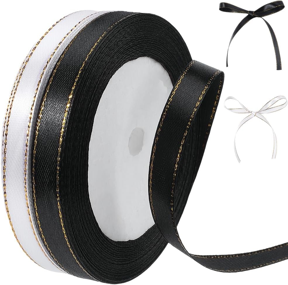 2 Rolls 48 Yards 3/8 Inch White Black Satin Ribbon with Gold Trim Thin ...