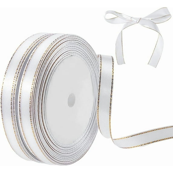 2 Rolls 48 Yards 3/8 Inch White Ribbon with Gold Edge Border Thin Soft Silk Polyester Satin Fabric Ribbons Trim Bulk