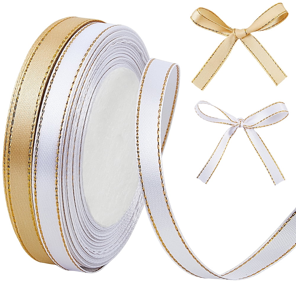 2 Rolls 48 Yards 3/8 Inch White Satin Ribbon with Gold Edge Thin ...