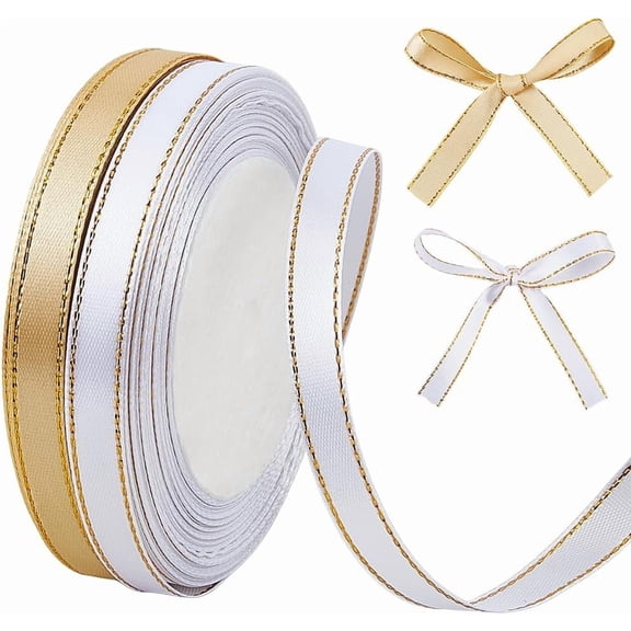 2 Rolls 48 Yards 3/8 Inch White Satin Ribbon with Gold Edge Thin Polyester Soft Silk Golden Border Trim Fabric Ribbons Bulk