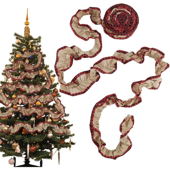 2 Rolls 5.47 Yards x 2.76 inch Christmas Tree Burlap Ribbon Xmas Wired Ribbon Cloth Buffalo Plaid Check Wrapping Craft Pleated Ribbon Garland for DIY Wreath Rustic Farmhouse Home Tree Decoration