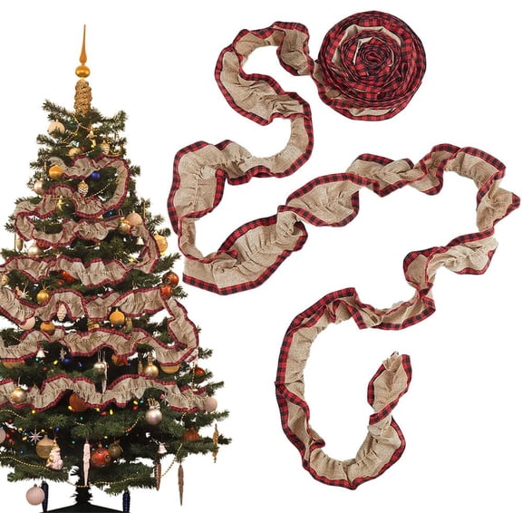 2 Rolls 5.47 Yards x 2.76 inch Christmas Tree Burlap Ribbon Xmas Wired Ribbon Cloth Buffalo Plaid Check Wrapping Craft Pleated Ribbon Garland for DIY
