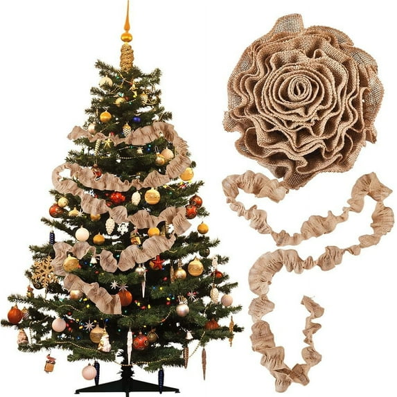 2 Rolls 5.4M/17.7 Feet Rustic Burlap Christmas Garland Burlap Ribbon Garland Cloth Fabric Burlywood Wrinkle Buffalo Garlands Decor for Home Outdoor Christmas Tree Party Craft DIY Decoration