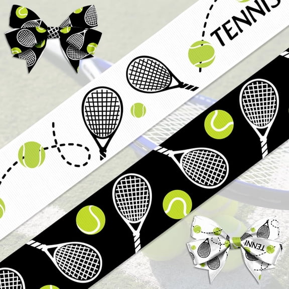 Hsomely 2 Rolls Tennis Ribbon, 7/8" Black White Tennis Print Grosgrain, 10 Yards Total for Sports Team & Theme Party Decor