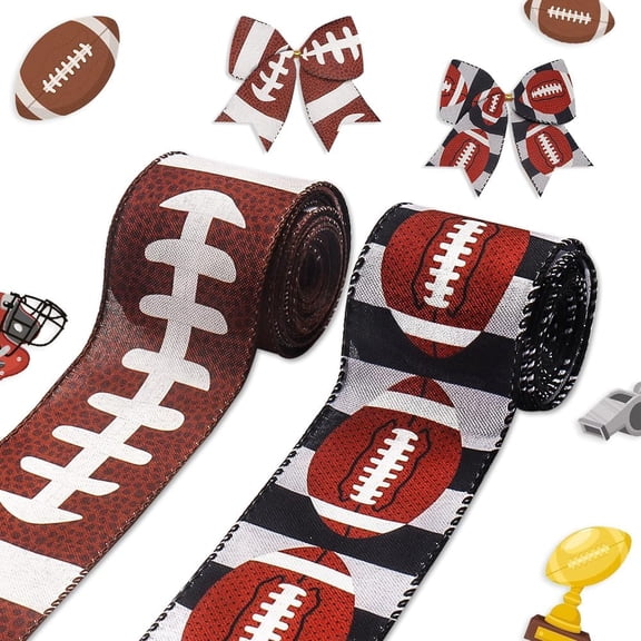 Hsomely 2 Rolls 2.5 inch 5 yd Wired Edge Ribbon, Brown Football & Black White Stripe American Football Burlap for Fall Wreath Super Bowl Decor