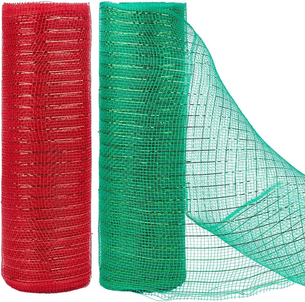 2 Rolls 60 Feet Red Green Mesh Ribbon 10.24 Inch Plastic Mesh with Gold ...