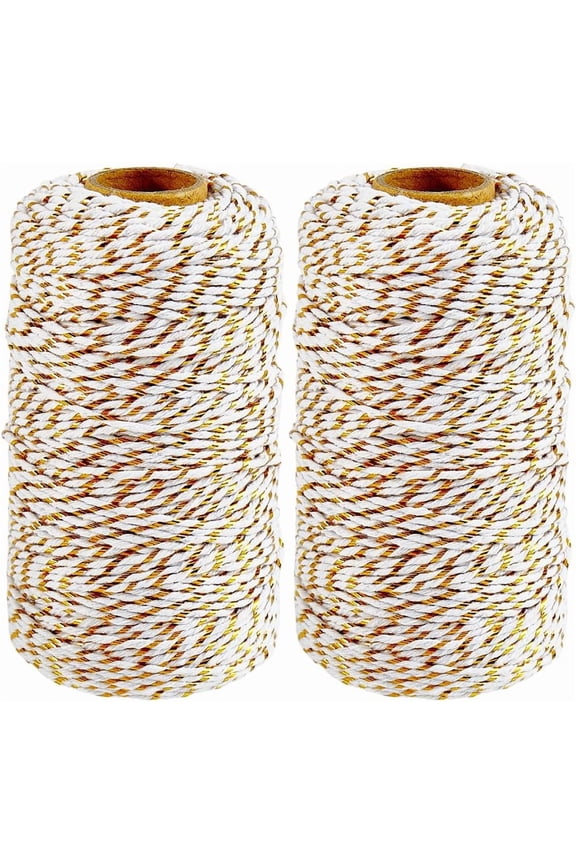 2 Rolls 656 Feet 2MM White and Gold Cotton Twine String Metallic Twist Bakers Packing Cord Macrame Round Braid Thread Bulk for Crafts Wedding Christmas Party Decor Gift Wrapping Gardening for DIY