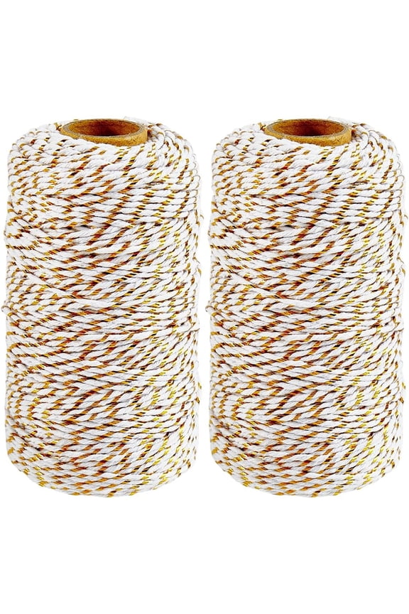 2 Rolls 656 Feet 2MM White and Gold Cotton Twine String Metallic Twist Bakers Packing Cord Macrame Round Braid Thread Bulk for Crafts Wedding Christmas Party Decor Gift Wrapping Gardening DIY