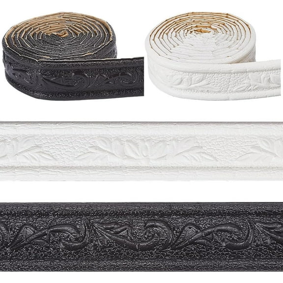 2 Rolls 90.6 Inch 3D Wall Border Decorative Wallpaper Trim Black White PVC Foam Self Adhesive Flexible Floral Edging Baseboard Lines Sticker for Hotel Home DIY Decoration Mixed Color
