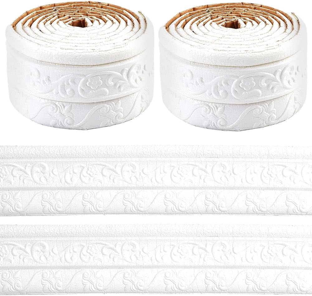 2 Rolls 91x1.6 Inch Peel and Stick Wall Molding Trim White Wallpaper Border Self Adhesive 3D Floral Wall Edging Foam Baseboard Skirting Border Decal Tile Trims for Hallway Ceiling Corner