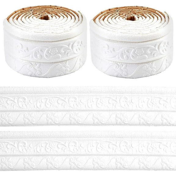 2 Rolls 91x1.6 Inch Peel and Stick Wall Molding Trim White Wallpaper Border Self Adhesive 3D Floral Wall Edging Foam Baseboard Skirting Border Decal Tile Trims for Hallway Ceiling Corner