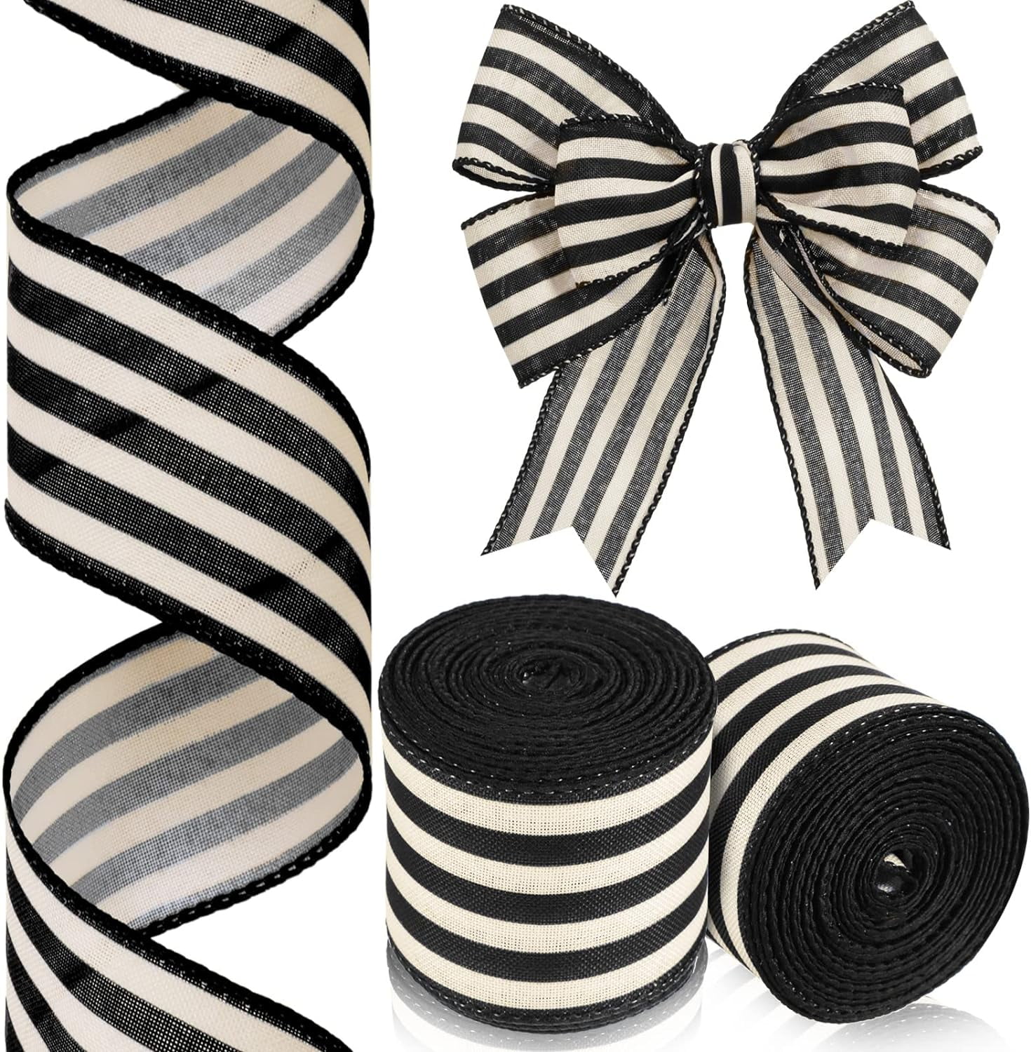2 Rolls Black and Cream White Stripe Wired Edge Ribbon Halloween Rustic Ivory Boho Black and White Ribbon for Christmas Party Gift Wrapping Bow DIY Craft Home Decor(2.5 Inch, 20 Yard)