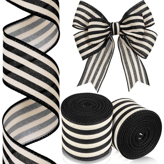 2 Rolls Black and Cream White Stripe Wired Edge Ribbon Halloween Rustic Ivory Boho Black and White Ribbon for Christmas Party Gift Wrapping Bow DIY Craft Home Decor(2.5 Inch, 20 Yard)