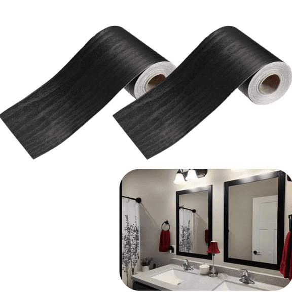 2 Rolls Black Wood Grain Removable & Waterproof Border Wall Decor Removable Self Adhesive Kitchen Bathroom Tiles Sticker Wallpaper, 3.94 inches x 16.4 feet