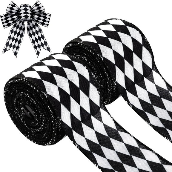 2 Rolls Black and White Checkered Christmas Ribbon - Diamond Pattern Wired Edge Ribbon for Tree Decor, Gift Wrapping, and Fall DIY Crafts