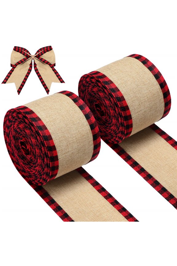2 Rolls Buffalo Plaid Burlap Wired Ribbon Weave Ribbon with Wired Edge for Christmas Crafts Floral Bows Craft Decoration, 2.5 Inches by 216 Inches (Red and Black Plaid)