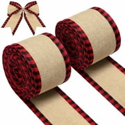 2 Rolls Buffalo Plaid Wired Edge Ribbons Christmas Burlap Fabric Craft Ribbon Natural Wrapping Ribbon Rolls with Checkered Edge, 216 Inch (Red and Black, 2.5 Inch Width)