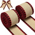 thumbnail image 1 of 2 Rolls Buffalo Plaid Wired Edge Ribbons Christmas Burlap Fabric Craft Ribbon Natural Wrapping Ribbon Rolls with Checkered Edge, 1 of 5
