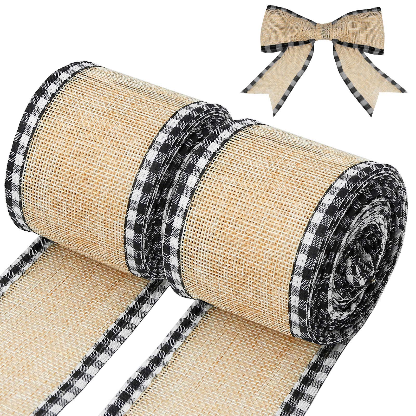 2 Rolls Burlap Wired Ribbon Christmas Buffalo Plaid Wired Edge Ribbon ...