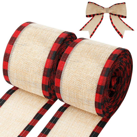2 Rolls Burlap Wired Ribbon Christmas Buffalo Plaid Wired Edge Ribbon Craft Mesh Ribbons with Checkered Edge for Gift Wrapping Crafts Christmas Decoration (Red Plaid)