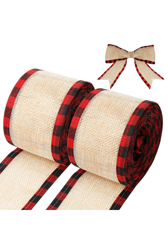 2 Rolls Burlap Wired Ribbon Christmas Buffalo Plaid Wired Edge Ribbon Craft Mesh Ribbons with Checkered Edge for Gift Wrapping Crafts Christmas Decoration (Red Plaid)
