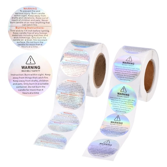 2 Rolls Candle Warning Labels, 1.5 Inch Laser Silver Candles Wick Jar Warning Stickers Self-Adhesive for DIY Candle Making Jars Wax Melt Containers, Tins, Glasses Safety Sticker