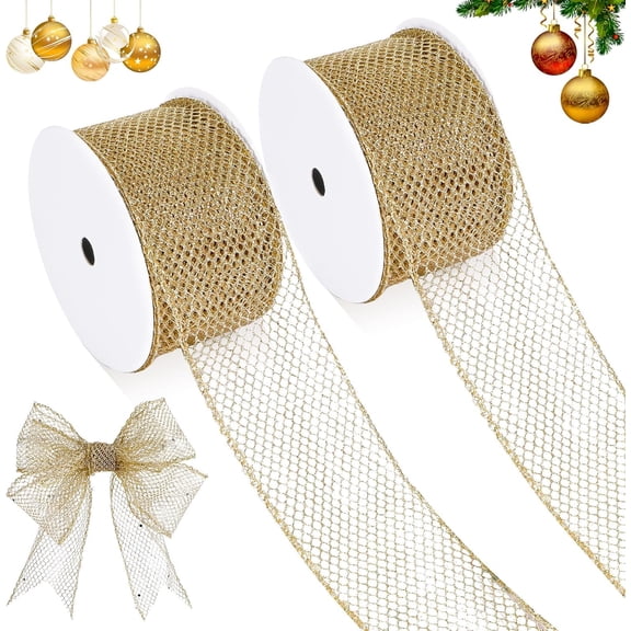 2 Rolls Champagne Gold Wired Ribbon Metallic Glitter Mesh Ribbon for DIY,Crafts,Wreaths,Big Bow,Gift Wrapping,Tree Decoration 2.5 Inch x 20 Yard/10Roll