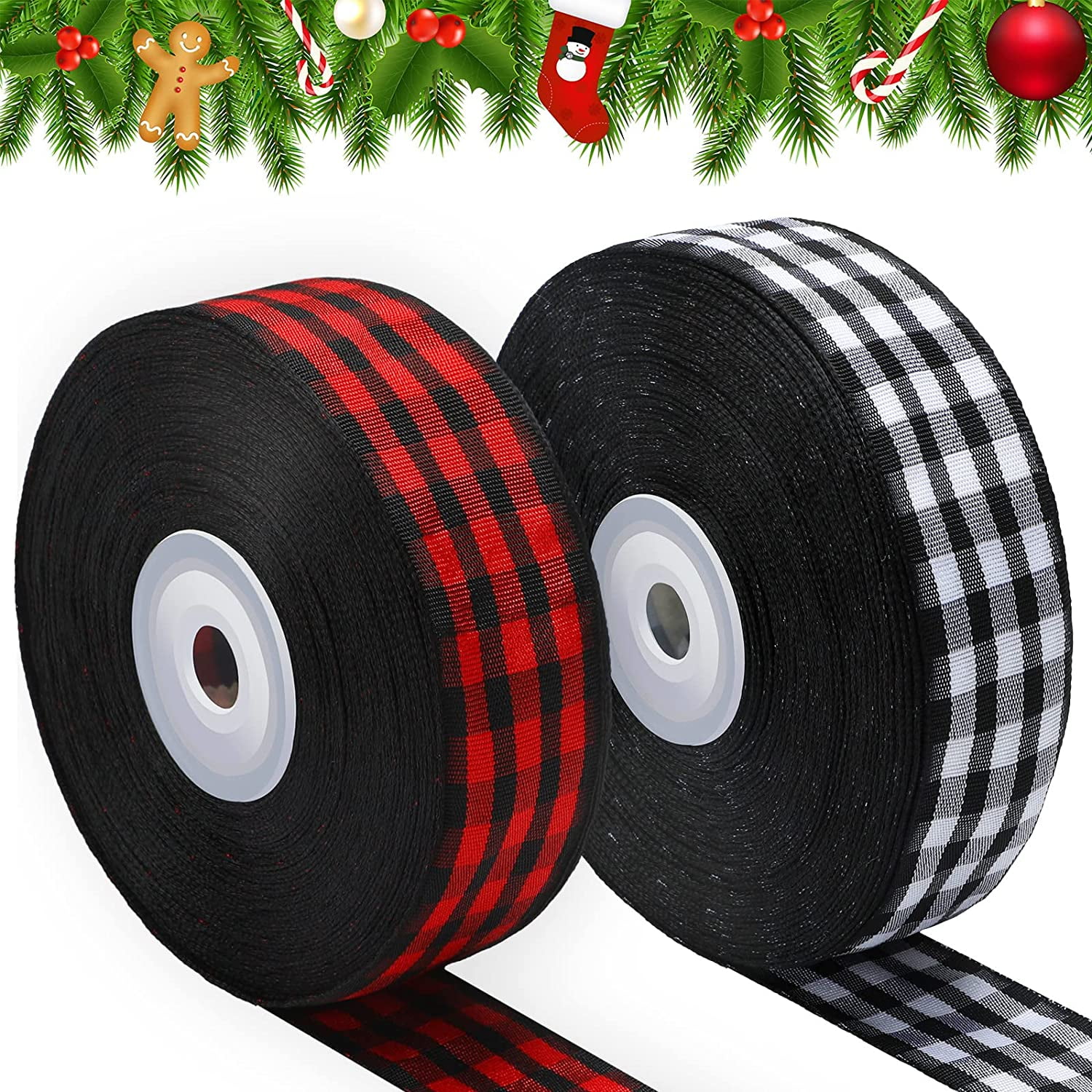 2 Rolls Christmas Buffalo Plaid Ribbon Christmas Wrapping Ribbon Wired Edge Burlap Check Gingham Wreath Tree Decor(Red Black and White Black, 1 Inch Wide, 60 Yard)