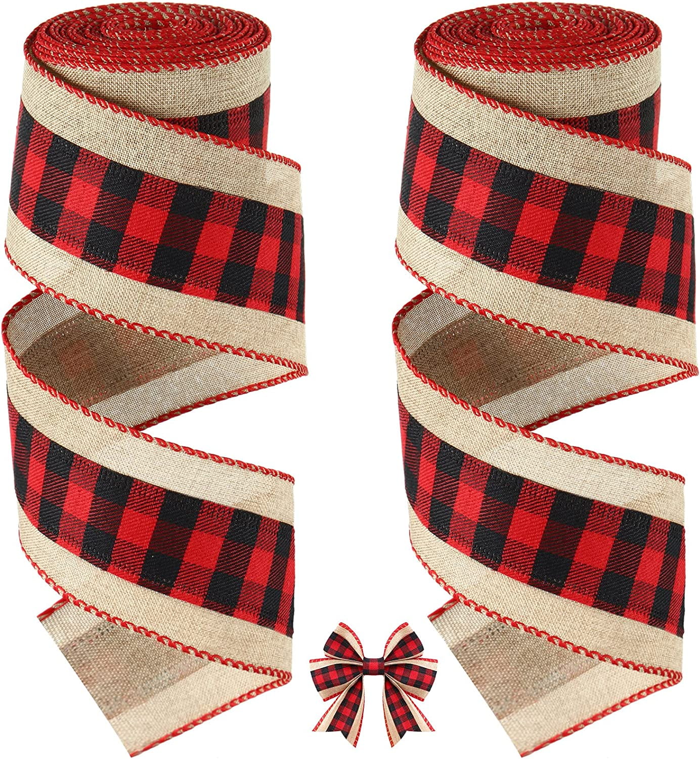 2 Rolls Christmas Buffalo Plaid Ribbons Burlap Wired Edge Plaid Ribbons Check Gingham Fabric Craft Ribbon for DIY Bows Wrapping Decoration, 6.5 Yards Long Each (Black-Red,2.52 Inch Width)
