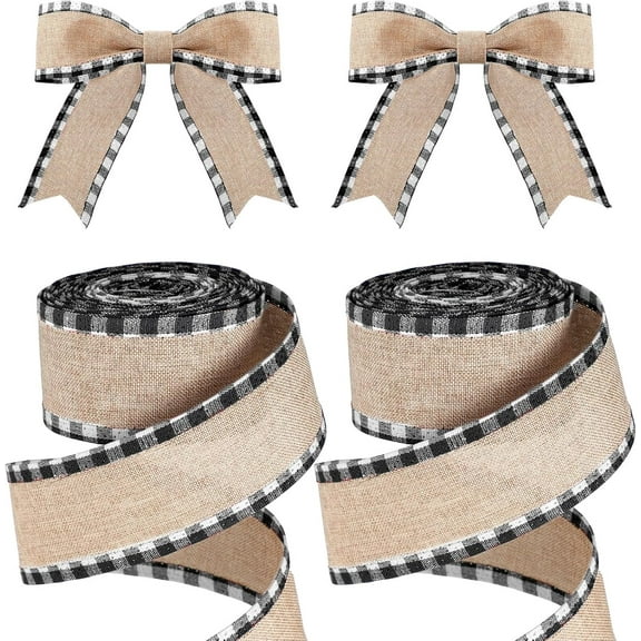 2 Rolls Christmas Buffalo Plaid Wired Edge Ribbons Christmas Tree Burlap Fabric Craft Ribbon Wrapping Ribbon with Checkered Edge, 6Yards/Roll