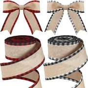 2 Rolls Christmas Buffalo Plaid Wired Edge Ribbons Christmas Tree Burlap Fabric Craft Ribbon Wrapping Ribbon with Checkered Edge, 6Yards/Roll