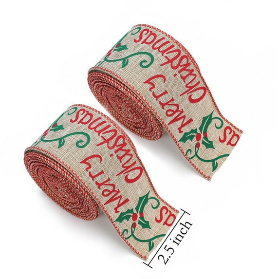 2 Rolls Christmas Burlap Ribbon, Plaid Wrapping Ribbon Xmas Decorative Ribbon for Christmas Big Bow, Wreath, Xmas Tree Decoration, Type 2