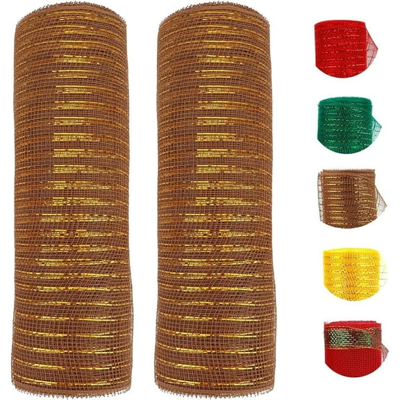 2 Rolls Christmas Mesh Deco, 10 Inch x 30 Feet Mesh Ribbon for Wreaths, Xmas Deco Mesh Ribbon Metallic Foil Rolls for Christmas Tree Decorations DIY Wrapping Craft (A)