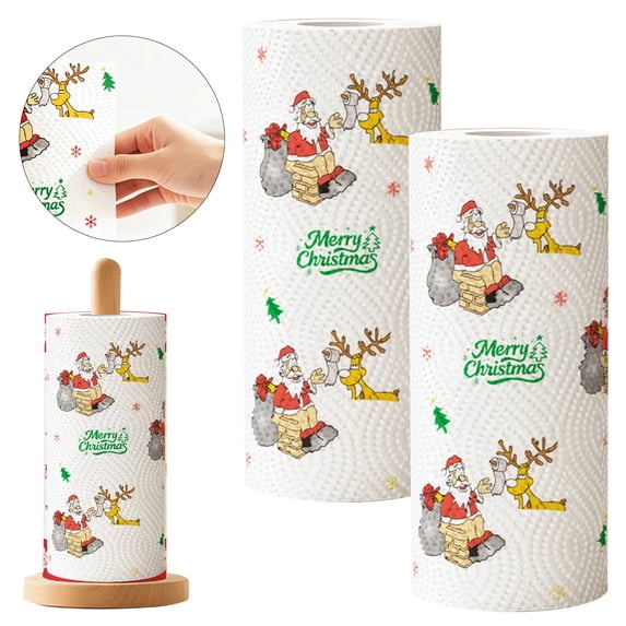 2 Rolls Christmas Printed Kitchen Paper Towels, Disposable Xmas Absorbent Paper Tissue for Home, Restaurant & Holiday Party