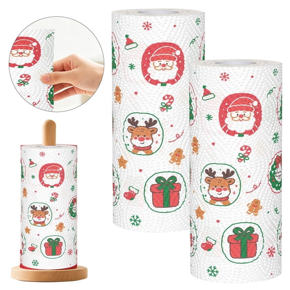 2 Rolls Christmas Printed Kitchen Paper Towels, Disposable Xmas Absorbent Paper Tissue for Home, Restaurant & Holiday Party